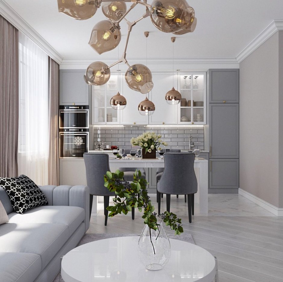 Кухня гостиная в светлых тонах