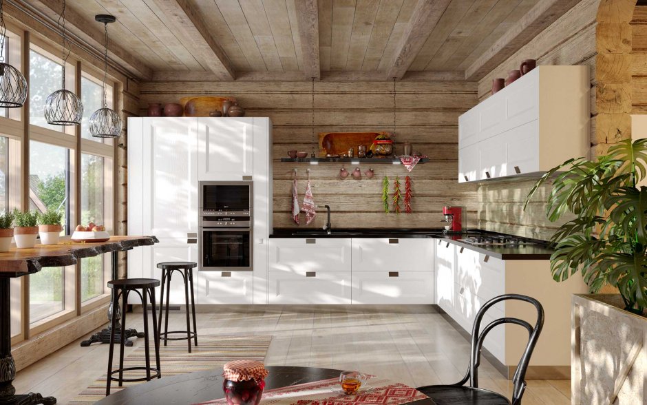 Черно белая кухня в деревянном доме