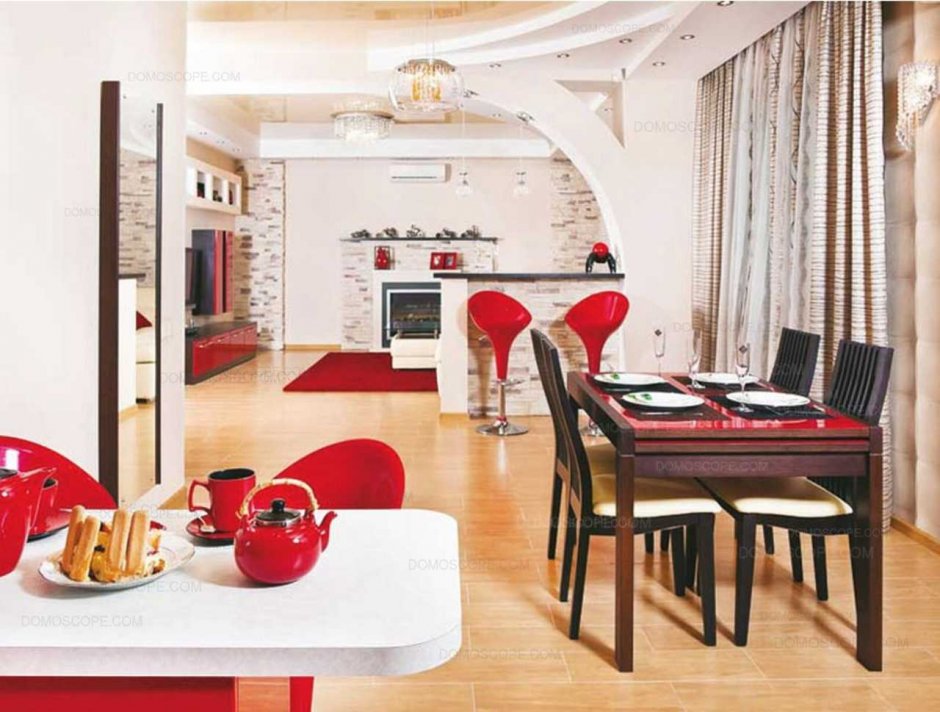 Кухня гостиная в красных тонах