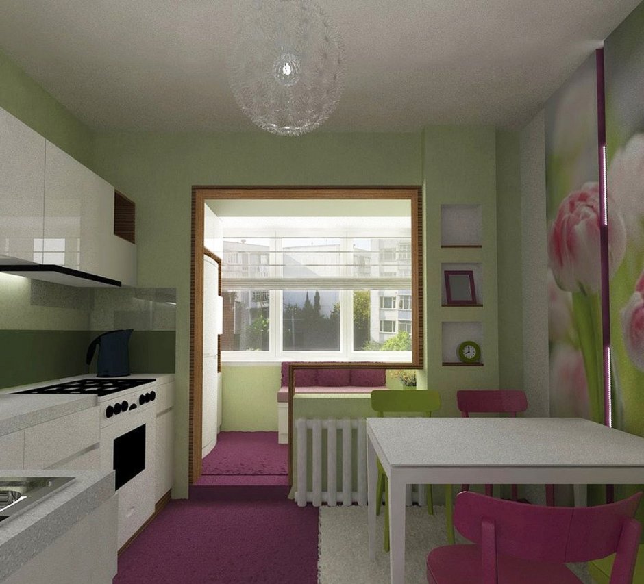 Интерьер маленькой кухни с балконом