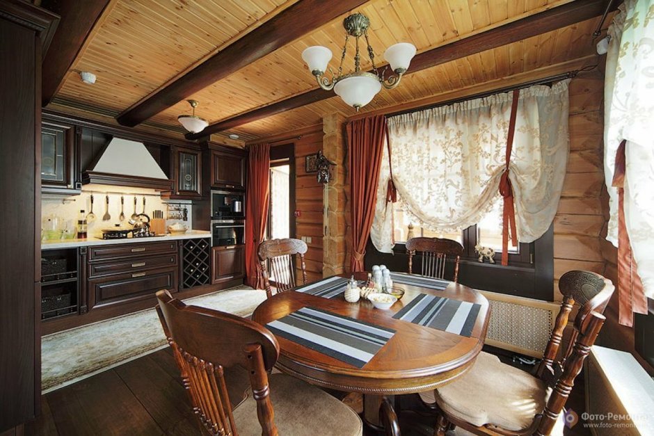 Гостиная столовая в деревянном доме