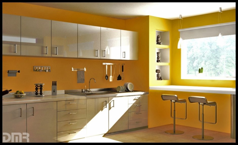 Мебель для кухни с желтыми стенами