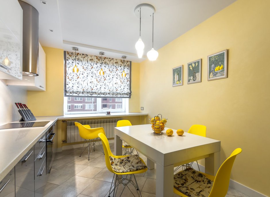 Лимонный цвет стен на кухне (58 фото)