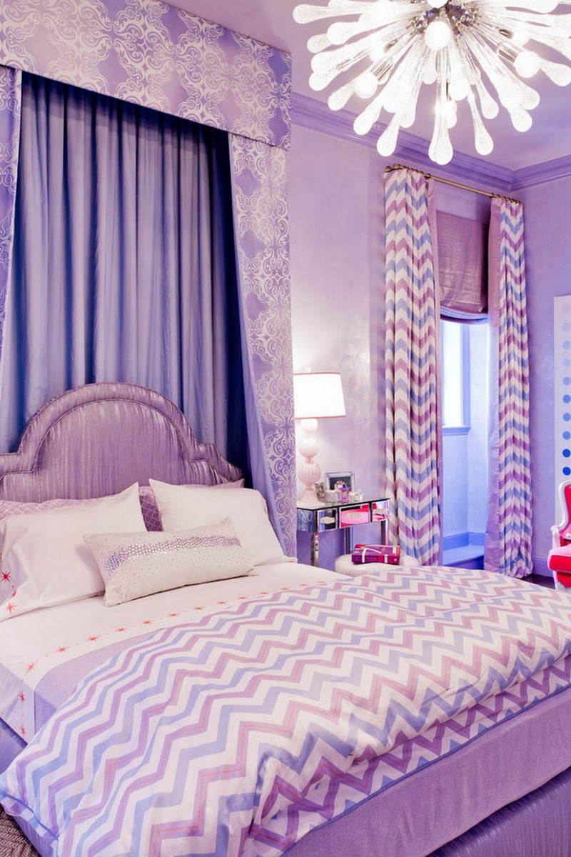 Фиолетовые шторы в интерьере спальни (60 фото)