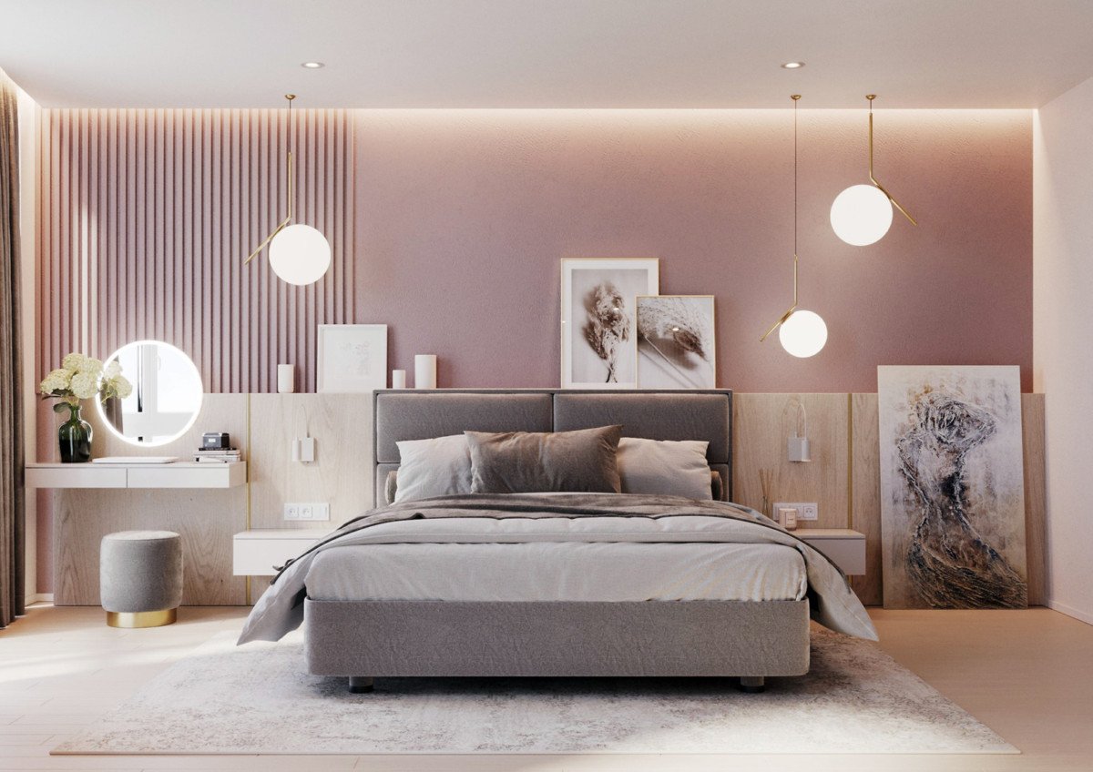 Пудровый цвет стен в спальне