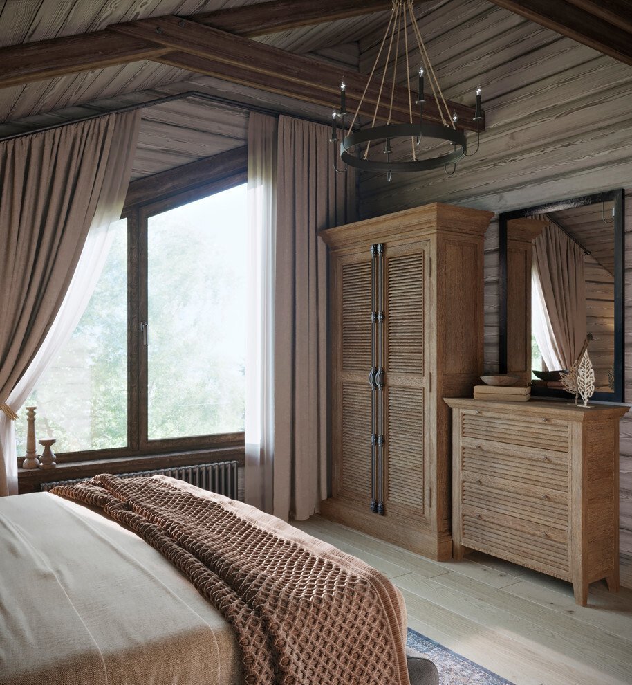 Современная спальня в деревянном доме