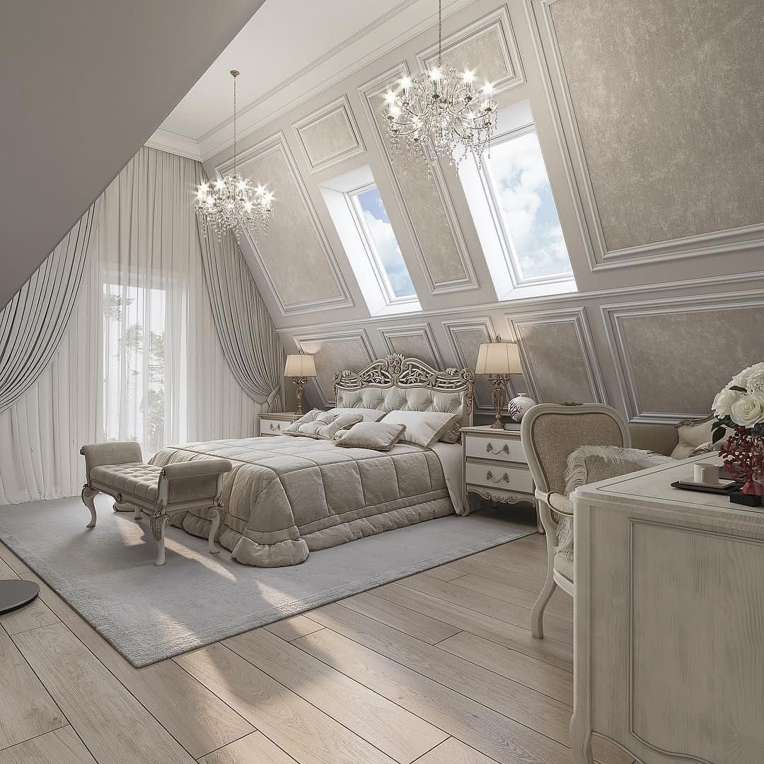 Спальня на мансарде в классическом стиле (35 фото)