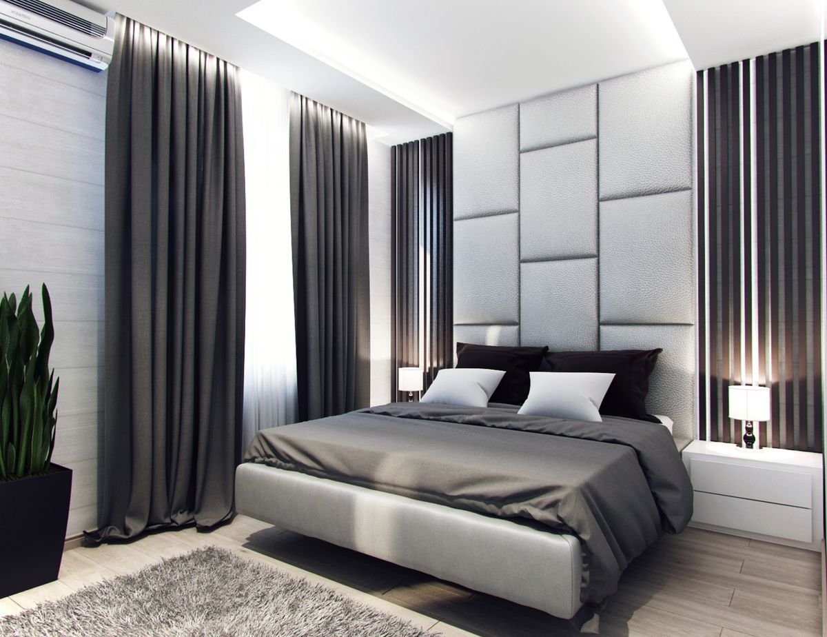 серые шторы в спальне дизайн