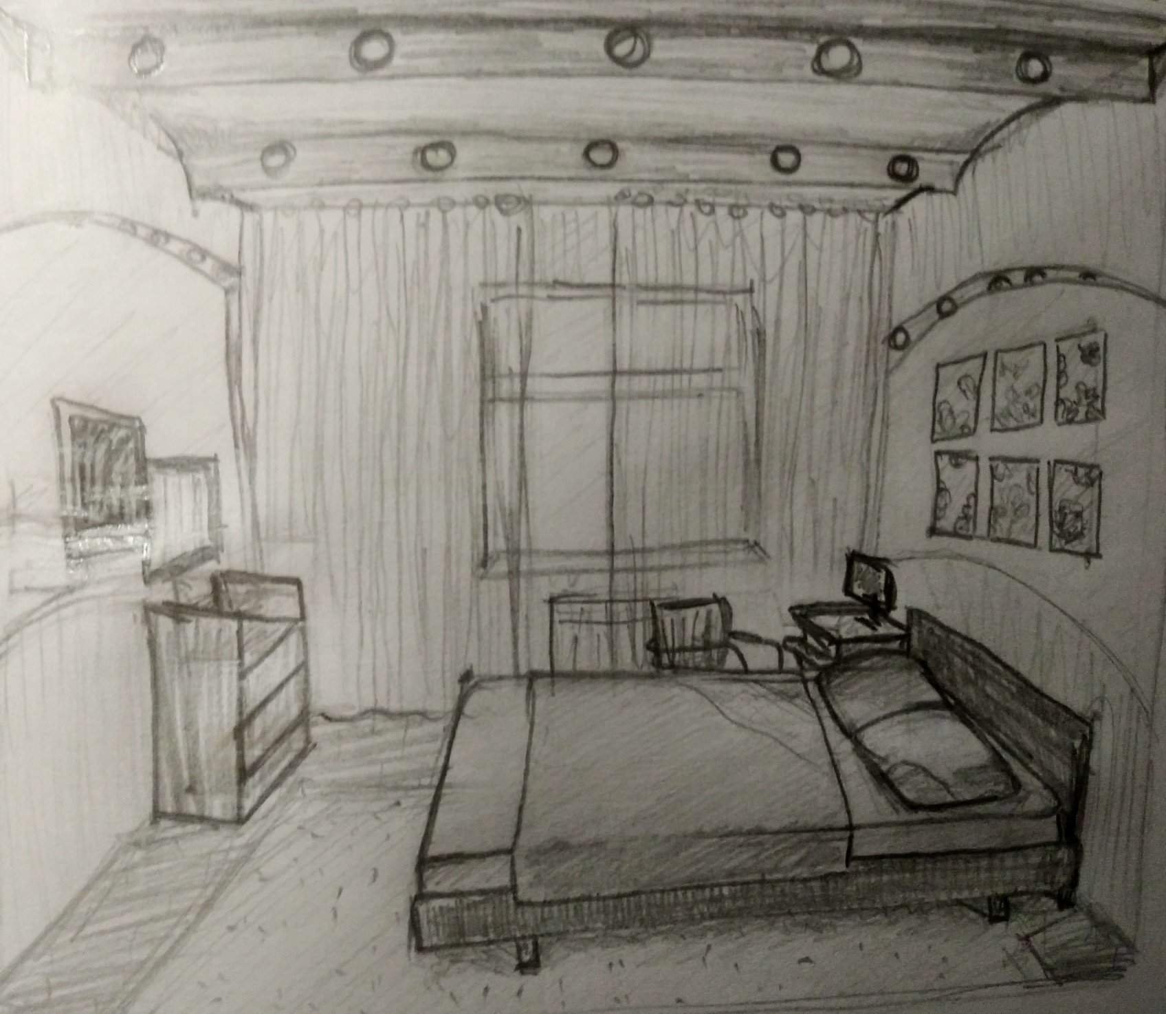 эскиз интерьера комнаты карандашом