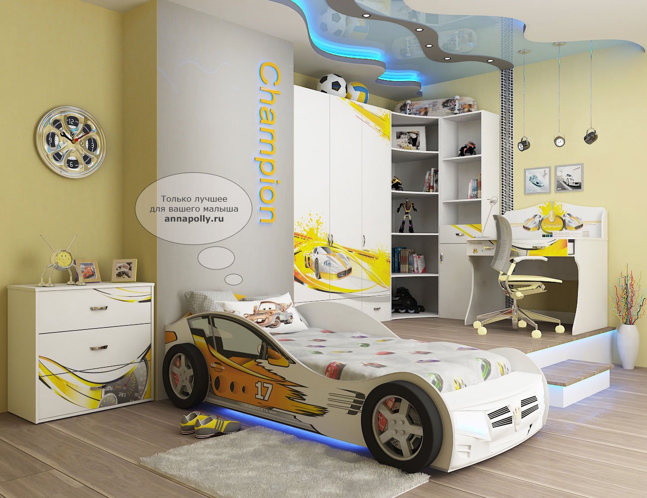 Детская комната с кроватью машиной (34 фото)