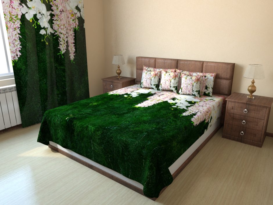 Спальня с зелеными шторами и покрывалом