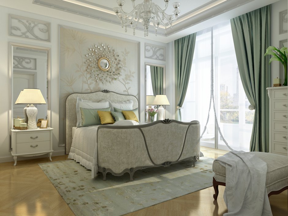 Спальня в современном стиле с лепниной