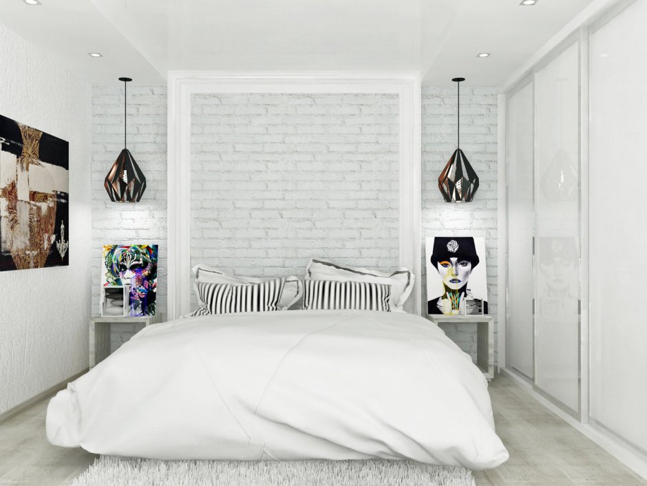 Белый кирпич в интерьере спальни