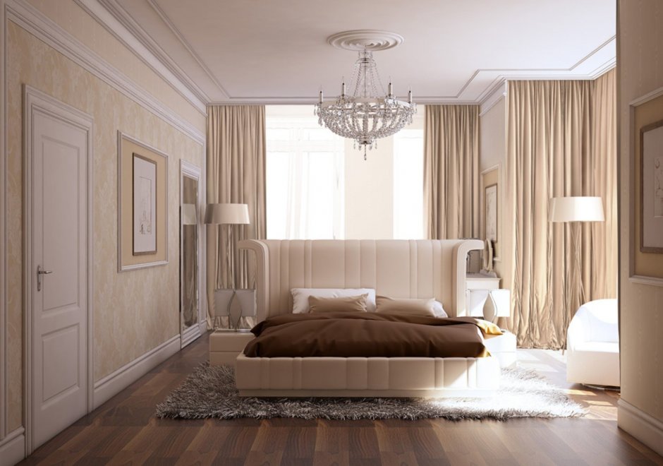 Спальня в стиле неоклассики с белыми дверьми