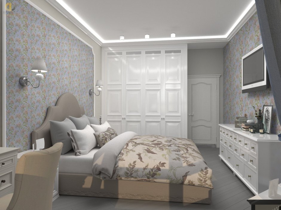 Спальня в неоклассическом стиле в светлых тонах