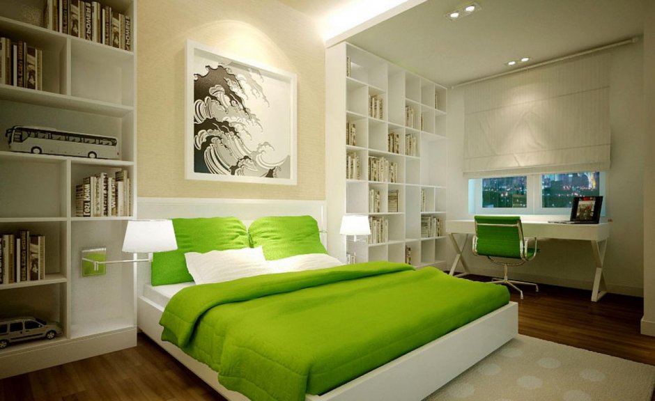 Спальня в светлых зеленых тонах