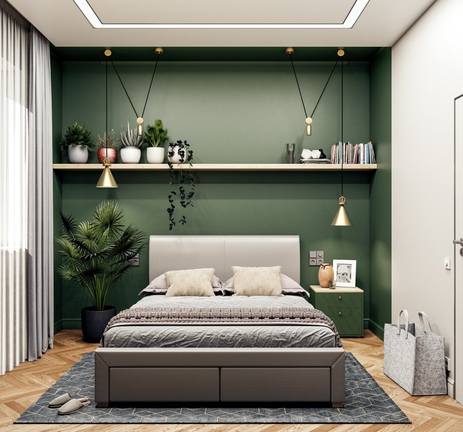 Зелёная кровать в интерьере спальни (63 фото)