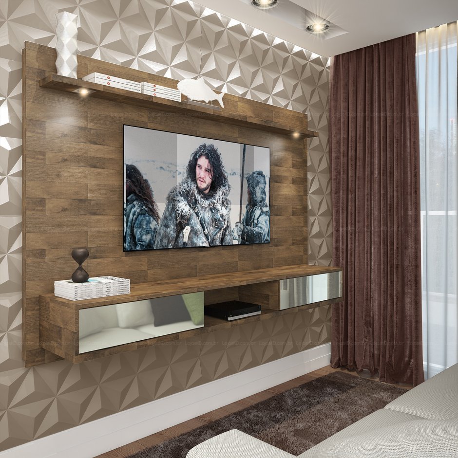 Интерьер спальни с телевизором на стене