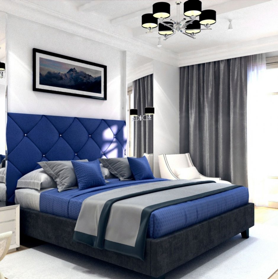Синяя кровать в интерьере