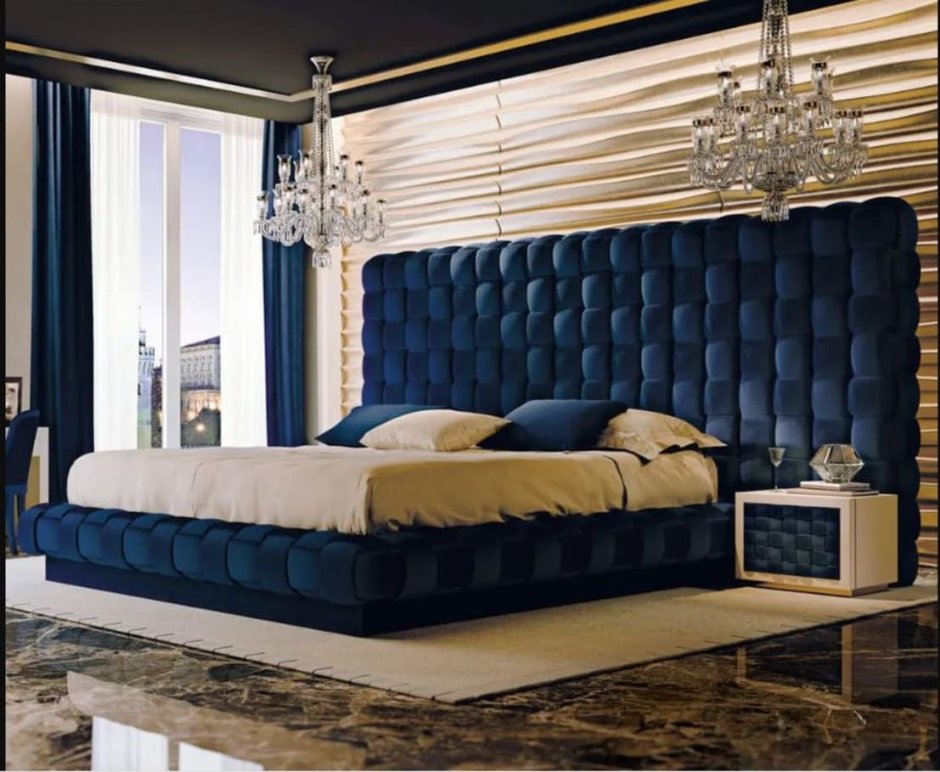Синяя кровать в интерьере спальни (65 фото)