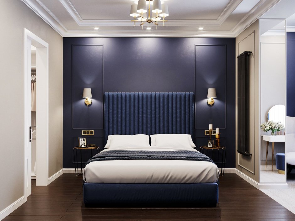 Интерьер спальни в современном стиле синяя
