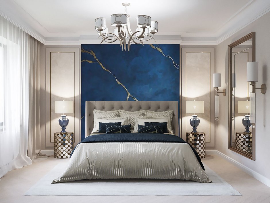 Спальня в современном стиле синяя кровать