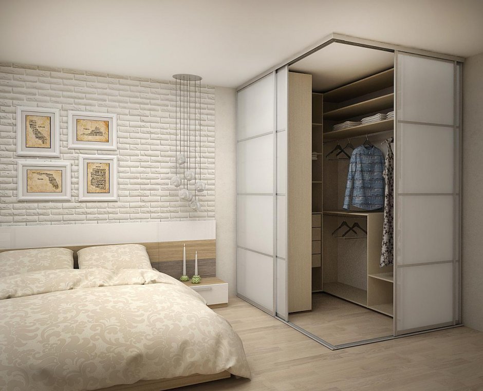 Спальня с угловой встроенной гардеробной комнатой