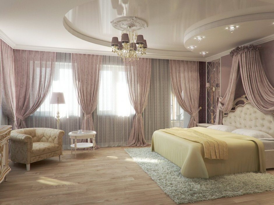 Потолок натяжной двухуровневый спальня розовый и желтый