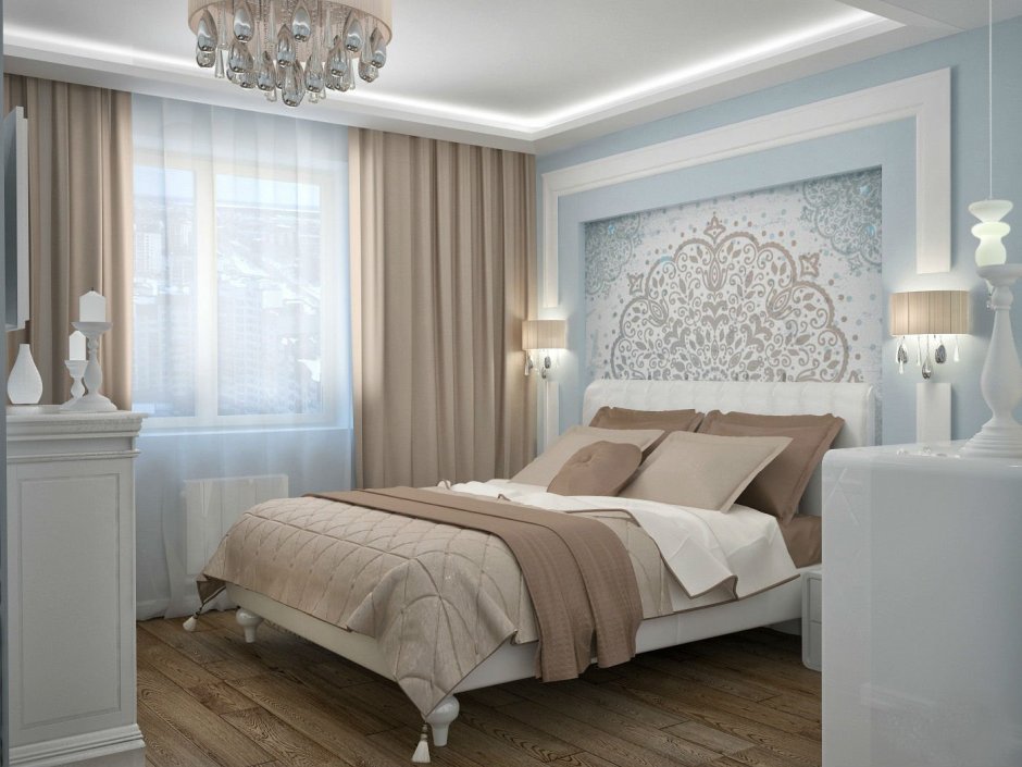 Спальня в неоклассическом стиле в светлых тонах