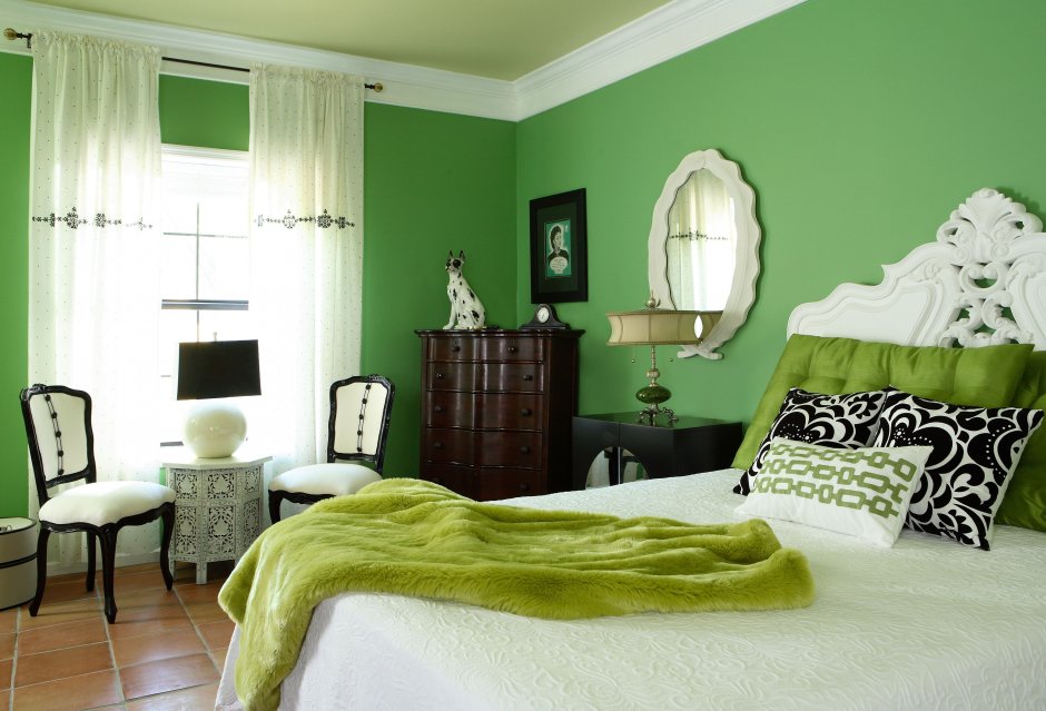 Зеленые стены белая мебель