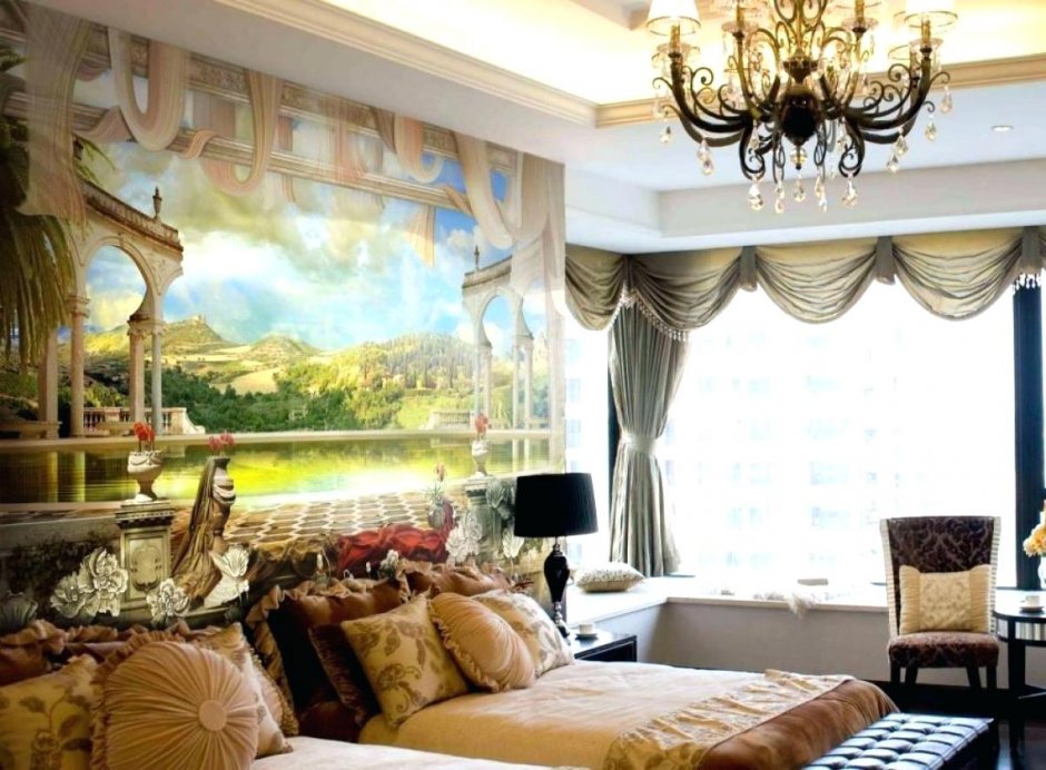 Интерьер спальни комнаты с фреской