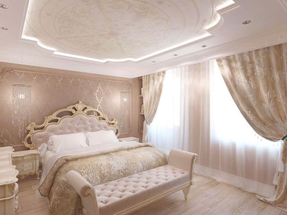 Натяжные потолки для спальни в классическом стиле