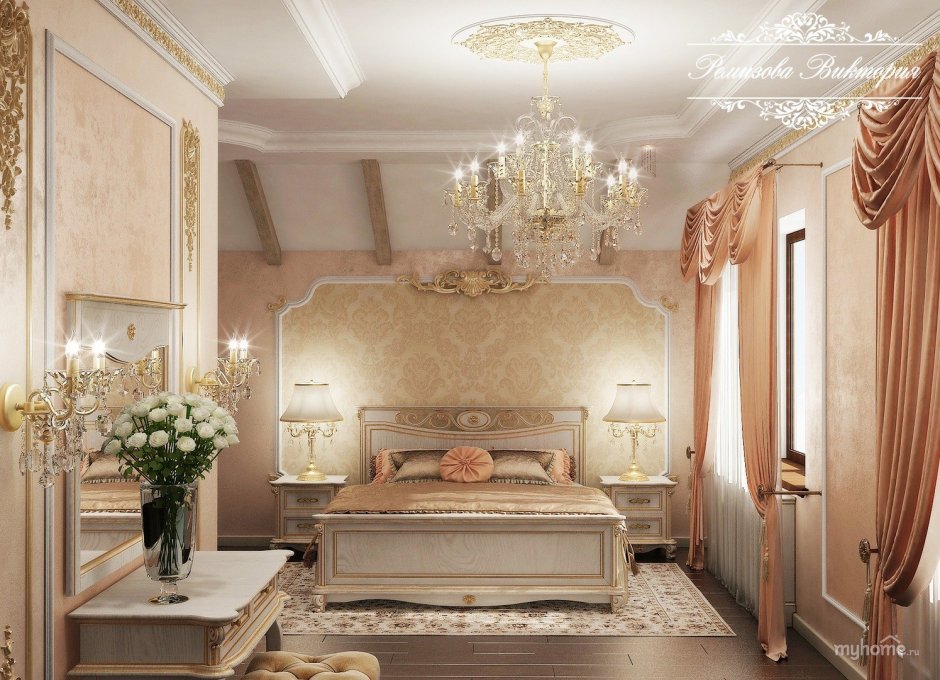 Спальня в классическом стиле в персиковых тонах