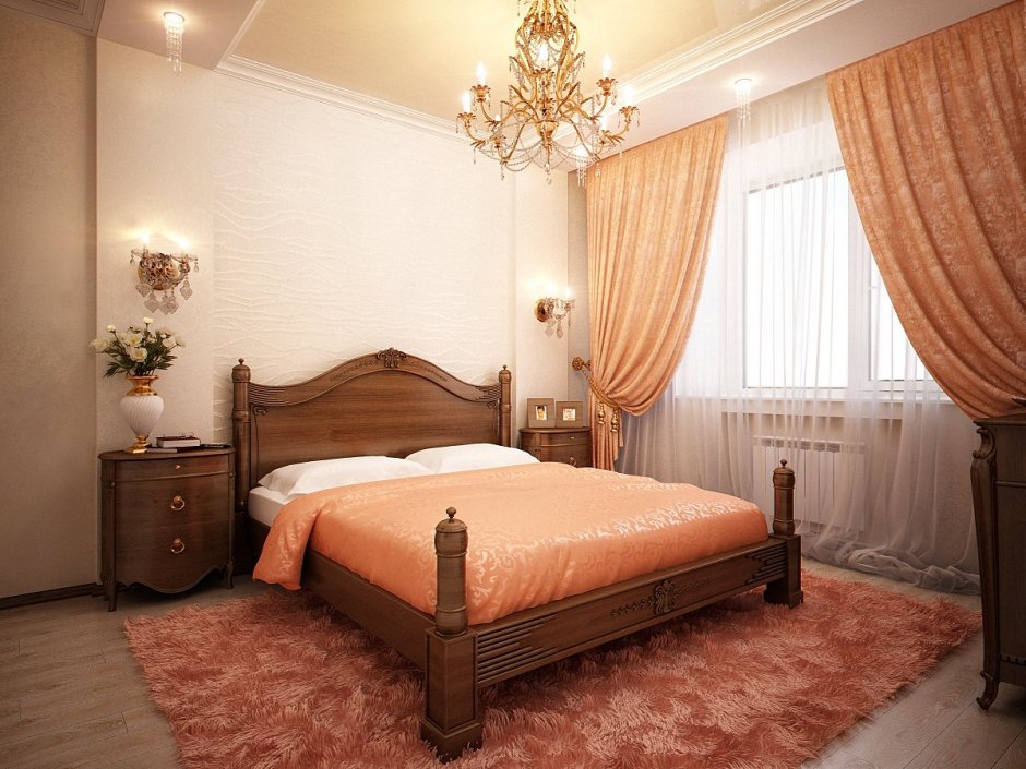 Спальня в персиковых тонах с темной мебелью