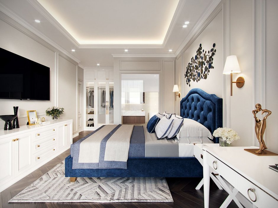 Фото богатых современных спален сине голубая с телевизором