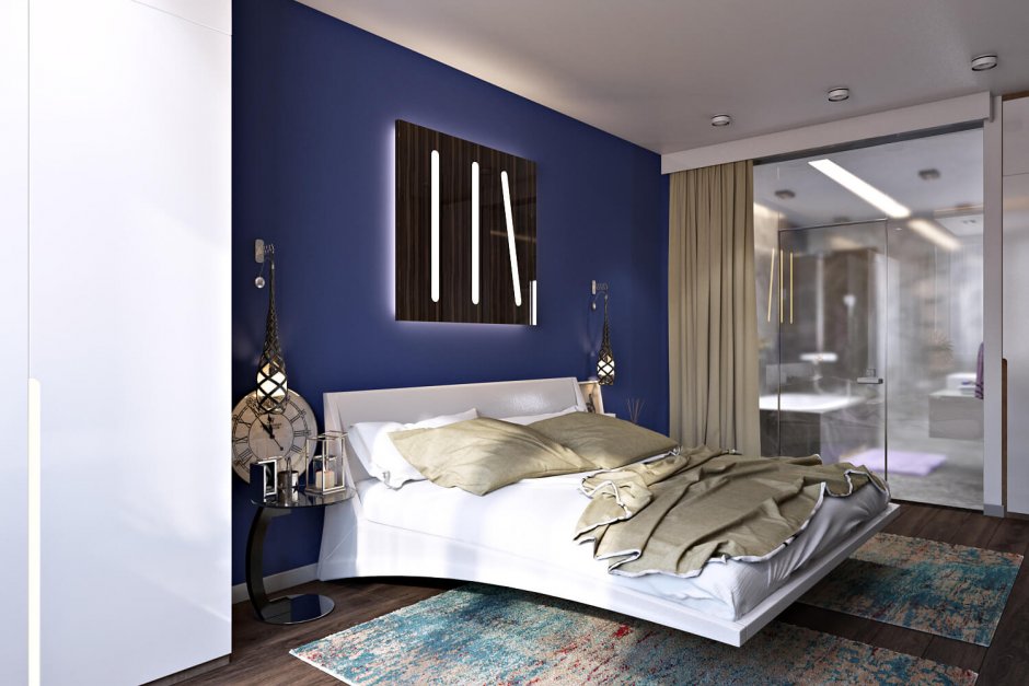 Современная спальня с синими оттенками