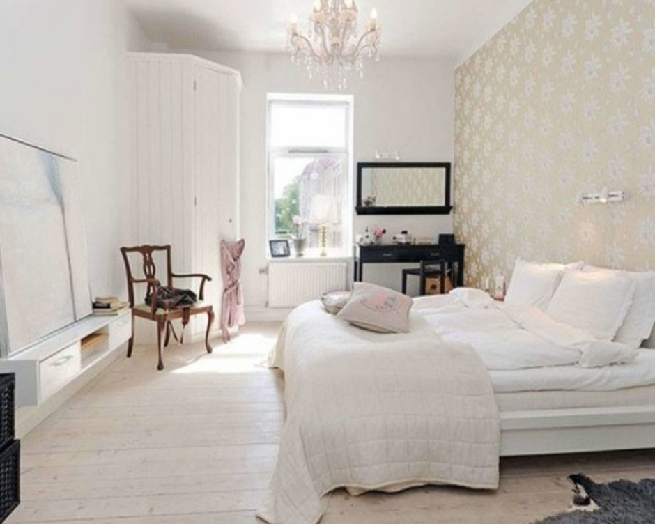 Спальня в скандинавском стиле с белой мебелью