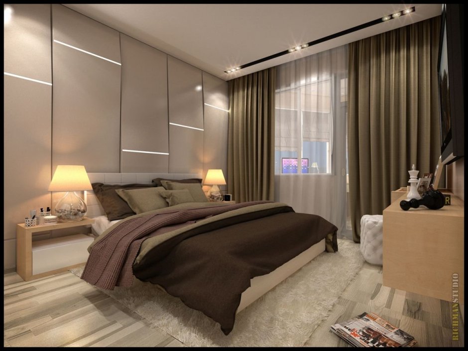 Современная спальня в коричневых тонах