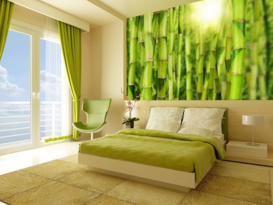 Спальня в зеленых тонах с фотообоями
