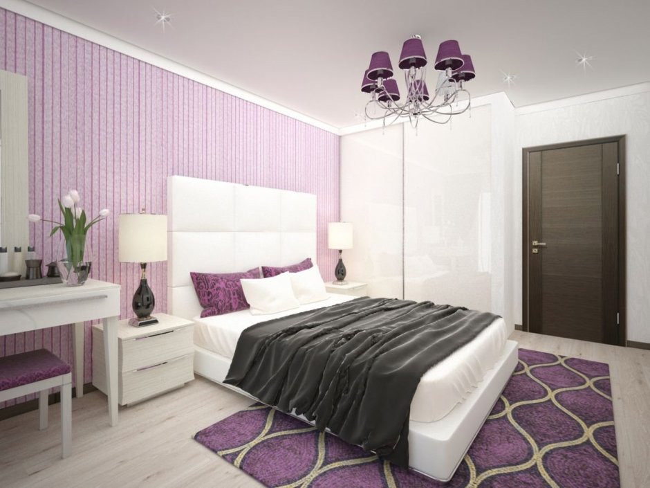 Лиловая спальня с белой мебелью