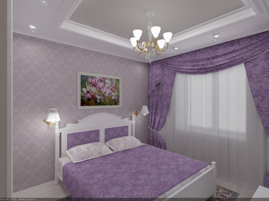 Сиреневая спальня с белой мебелью (35 фото)
