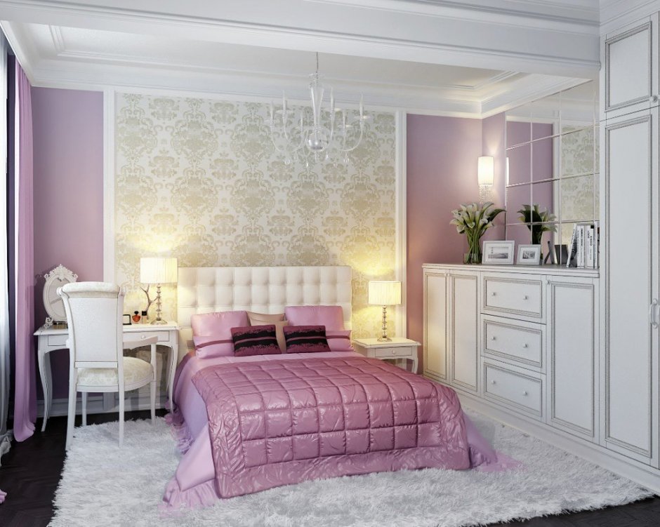 Розово сиреневая спальня