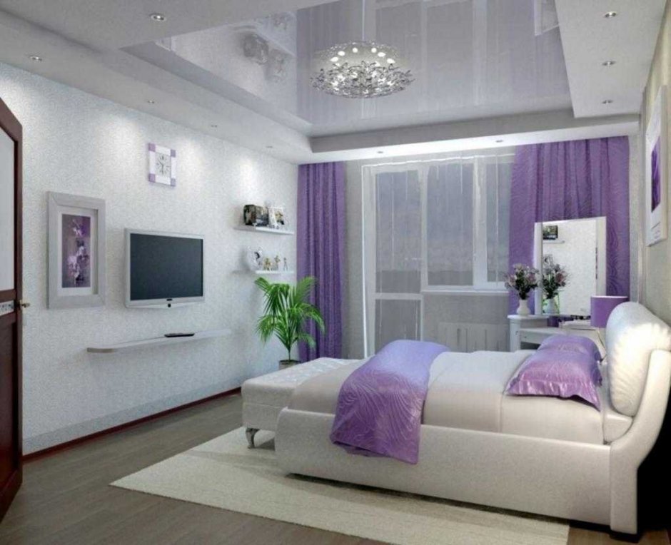 Спальня в сиреневых тонах с белой мебелью