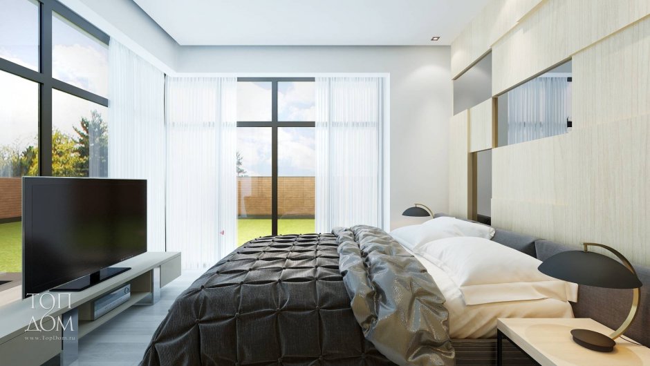 Спальня в современном стиле с 2 окнами
