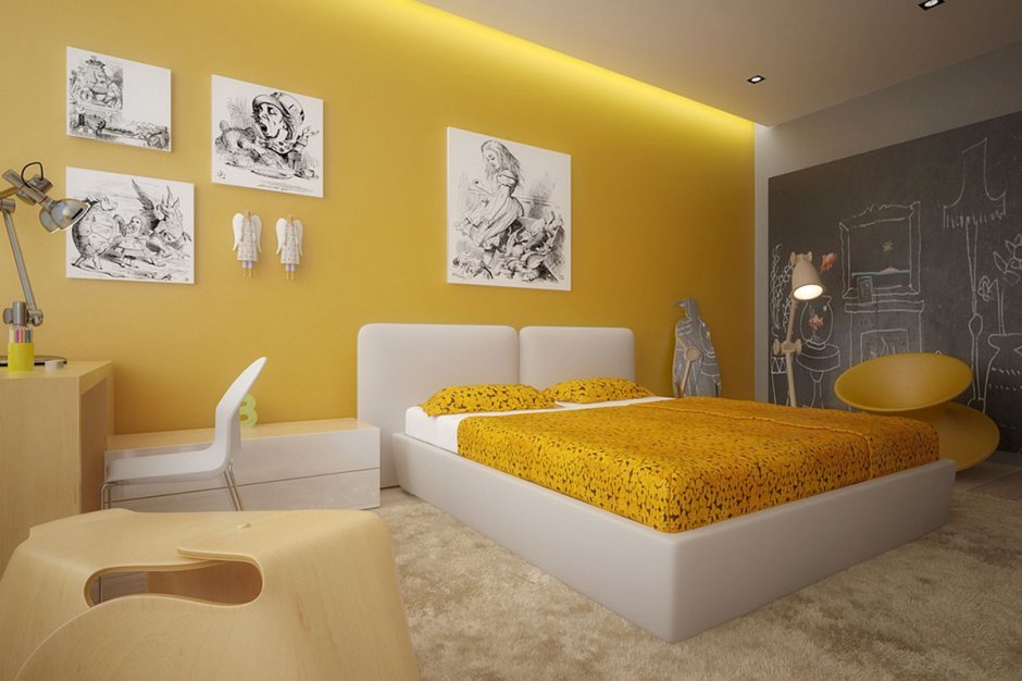 Спальня в желто-белой остановке