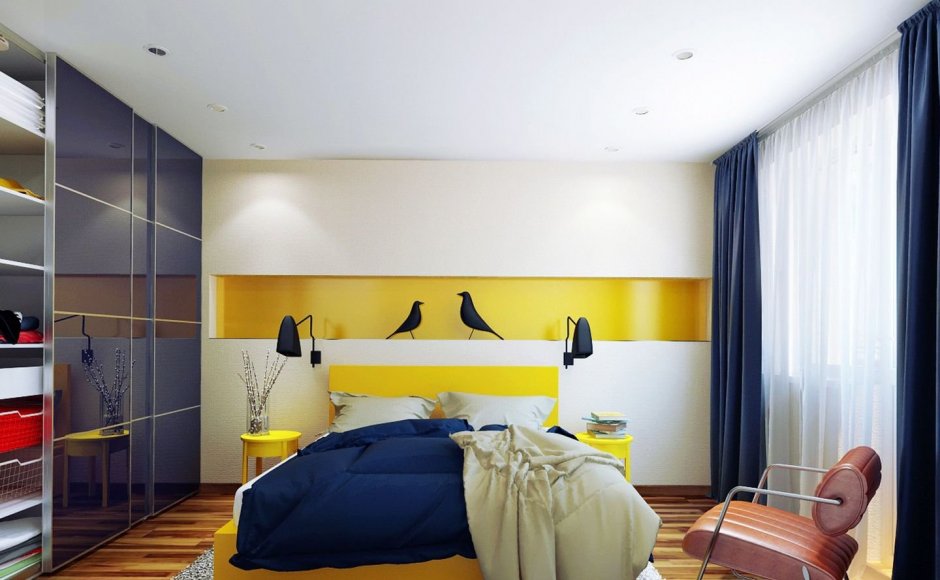 Сине желтая спальня