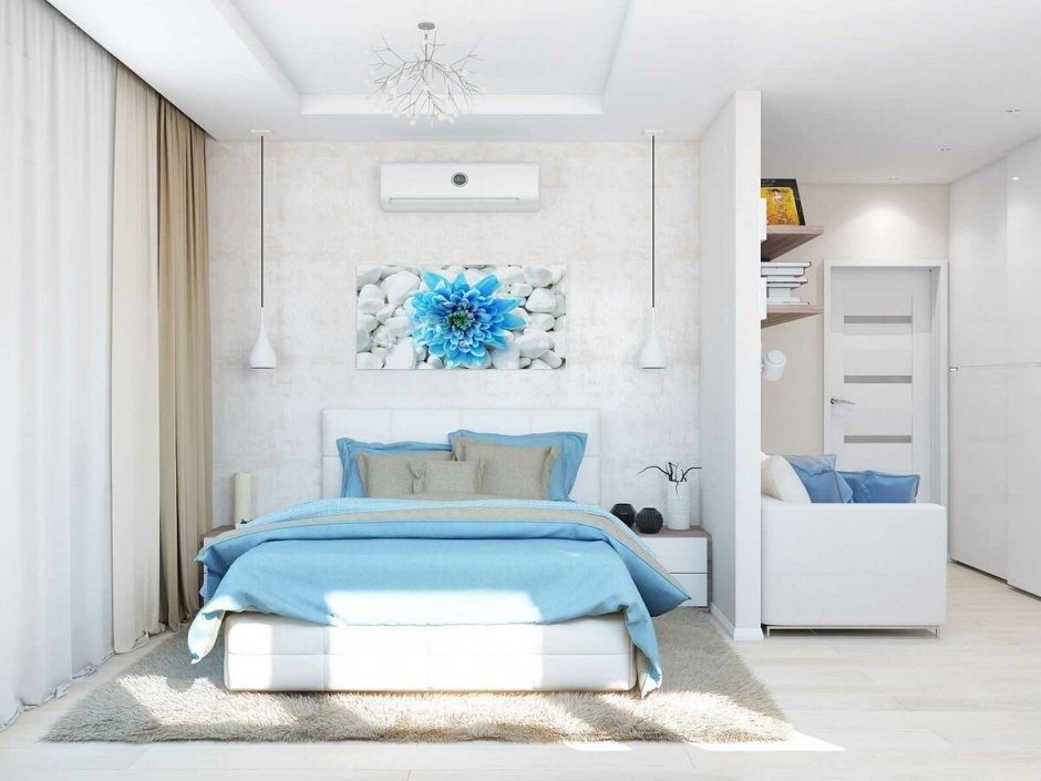 Современная спальня в голубых тонах