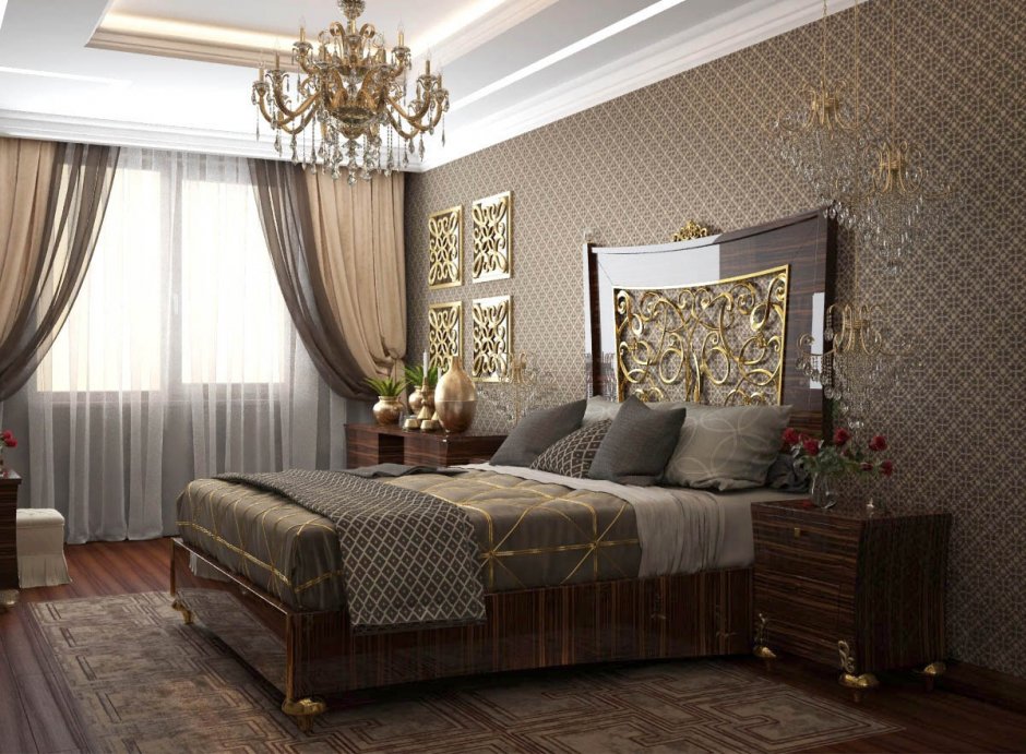 Коричневая спальня в классическом стиле