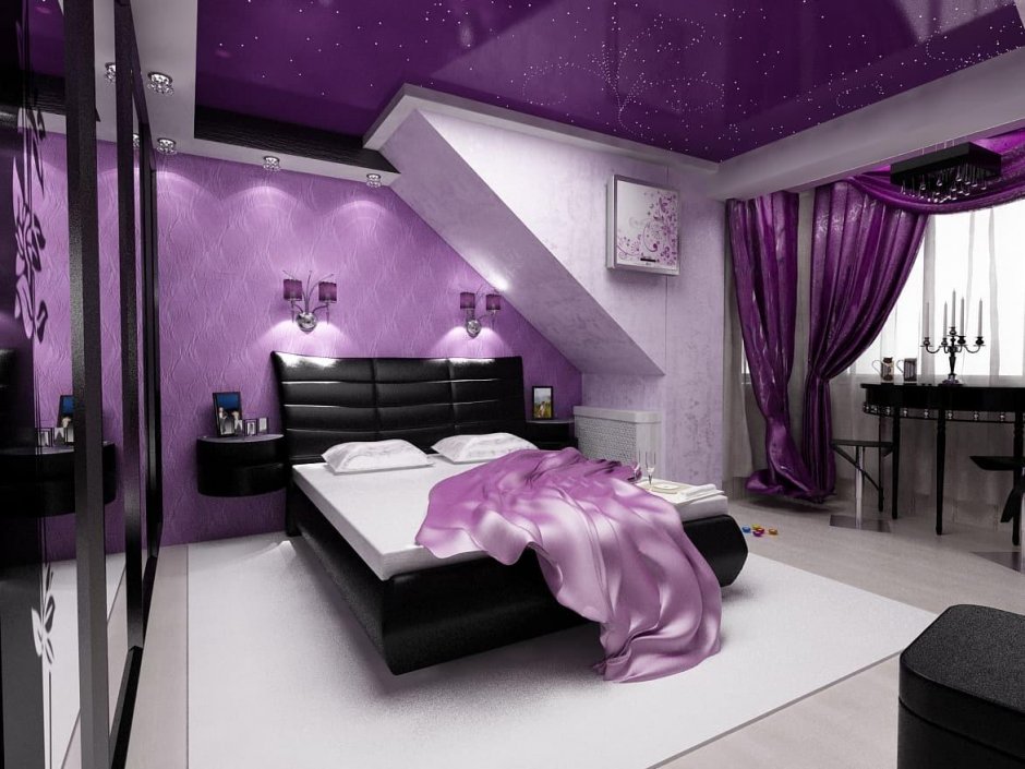 Черно фиолетовая спальня (35 фото)