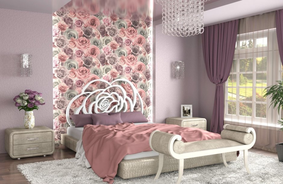 Спальня с крупными цветами на стене